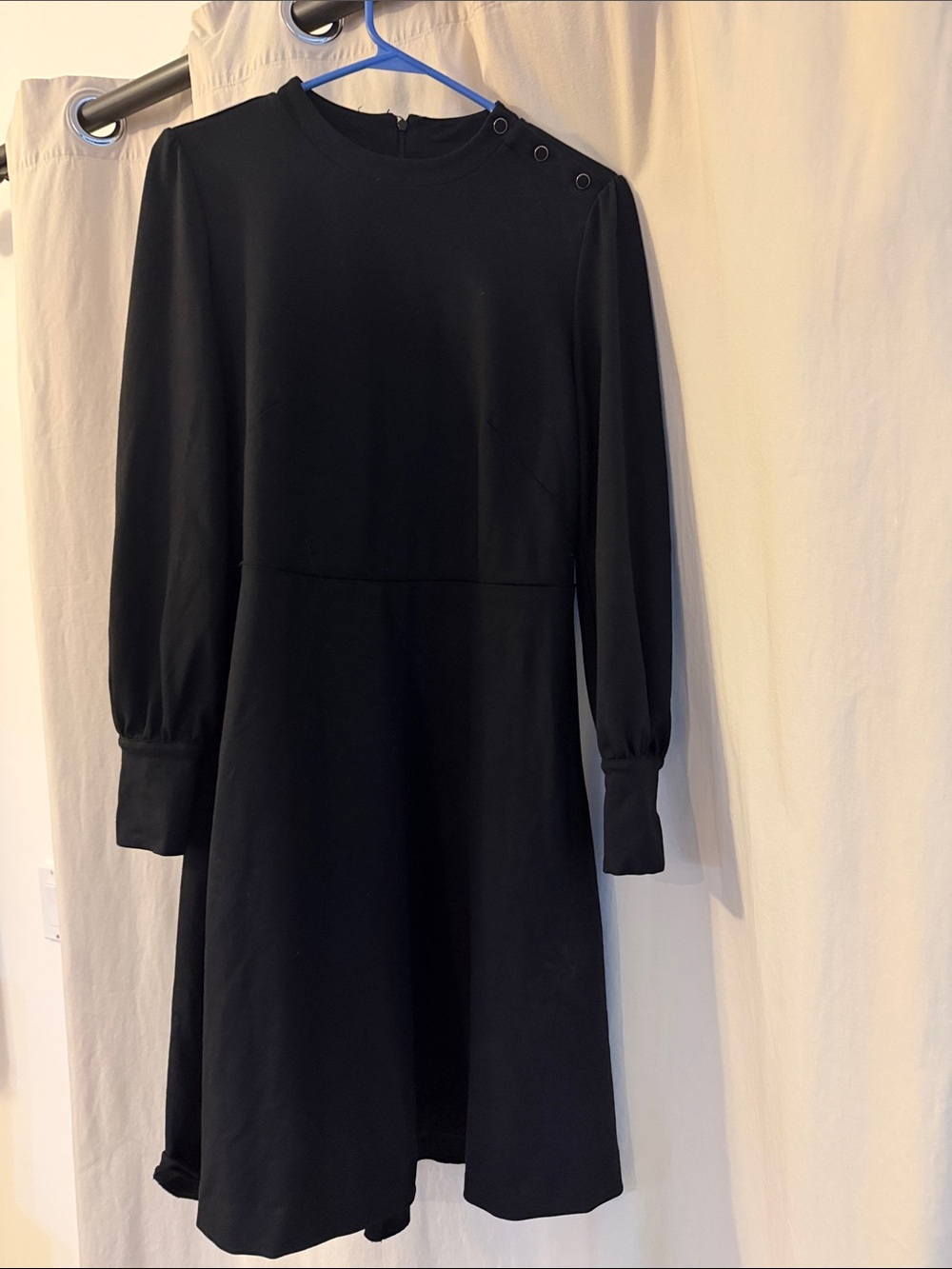 Ann Taylor Black Long-Sleeve A-Line Dress with Button Shoulder